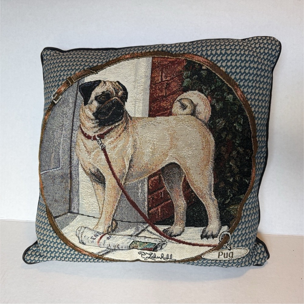 P. John Ruhl Textile Dog Pug Pictorial Tapestry Throw Pillow VTG Style